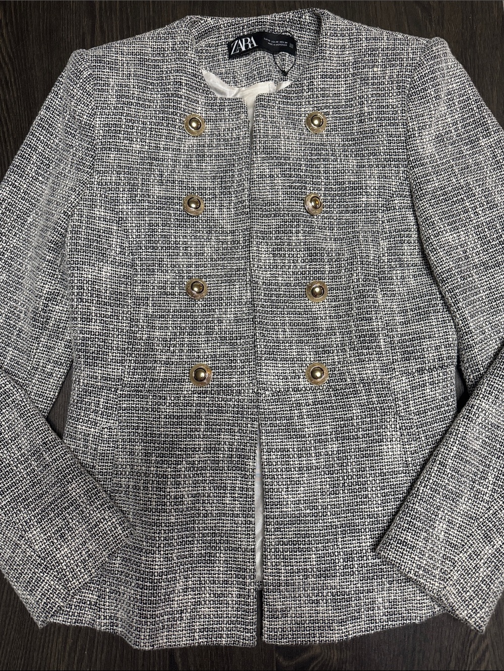 ZARA Gray Tweed Double-Breasted Military Blazer